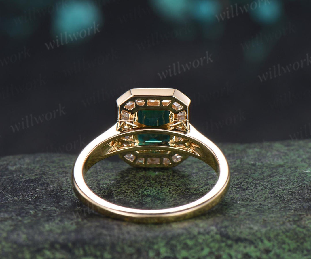 Emerald cut green emerald engagement ring halo bezel baguette cut diamond wedding promise ring jewelry 14k yellow gold women