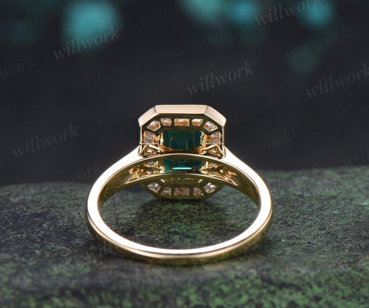 Emerald cut green emerald engagement ring halo bezel baguette cut diamond wedding promise ring jewelry 14k yellow gold women