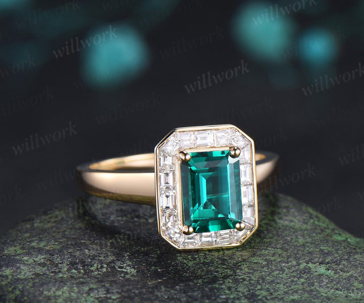Emerald cut green emerald engagement ring halo bezel baguette cut diamond wedding promise ring jewelry 14k yellow gold women