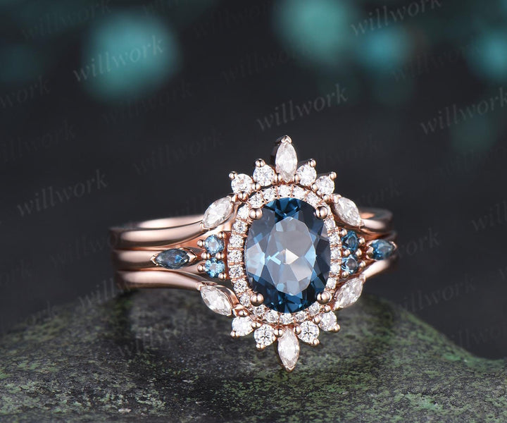 Oval cut London blue topaz ring rose gold vintage halo engagement ring moissanite stacking bridal wedding ring set women silver