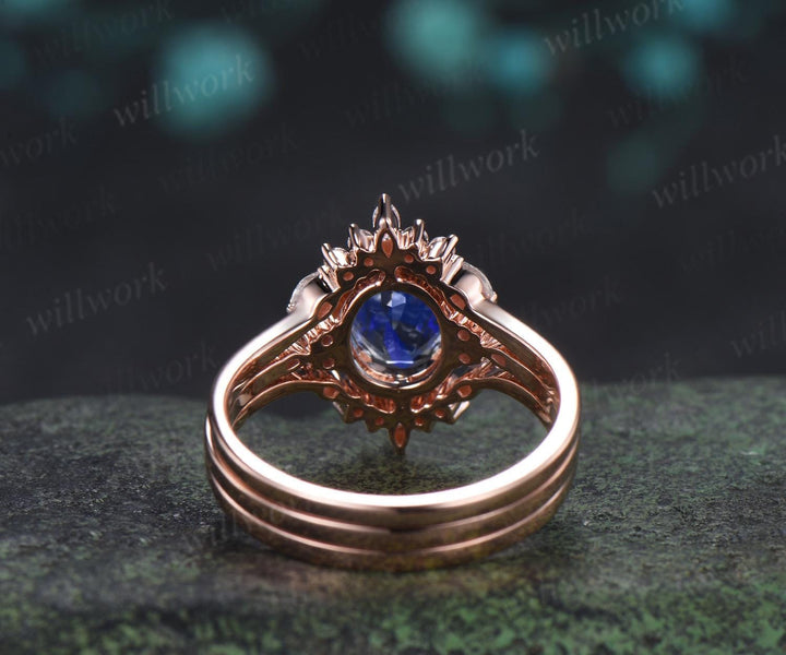 Oval cut sapphire ring 14k rose gold vintage halo engagement ring London blue topaz stacking bridal wedding ring set women jewelry