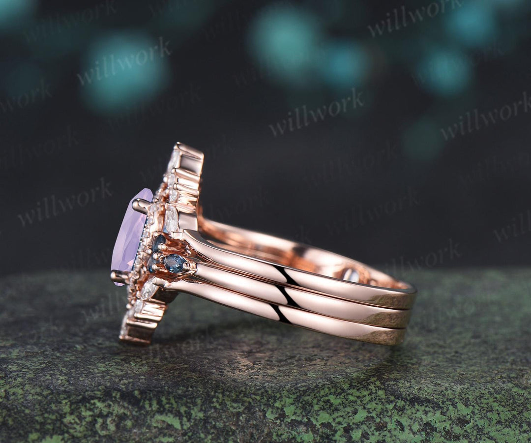 Oval cut Lavender amethyst ring 14k rose gold vintage halo engagement ring London blue topaz stacking bridal wedding ring set women silver