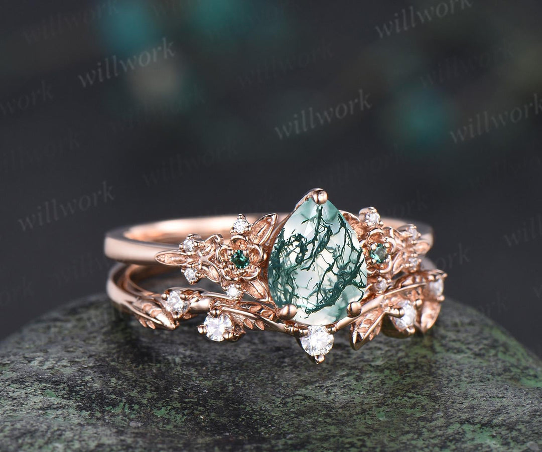 Vintage pear green moss agate engagement ring solid 14k rose gold leaf floral unique cluster emerald art deco wedding ring set women
