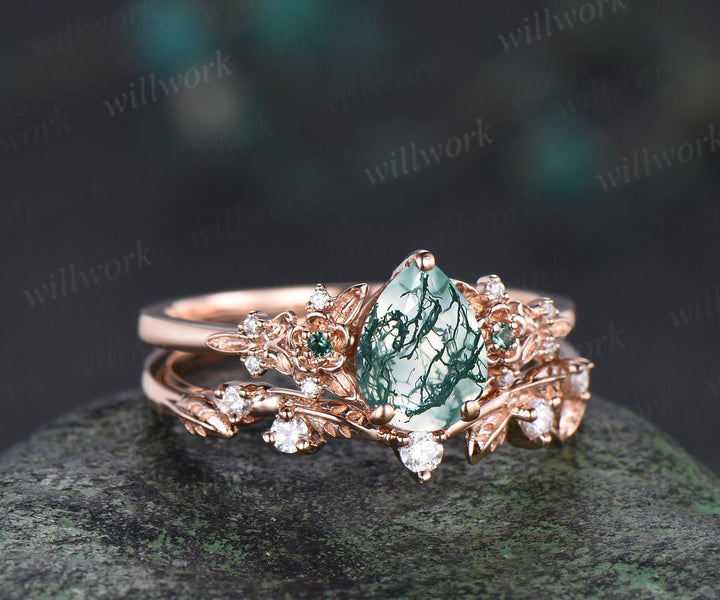 Vintage pear green moss agate engagement ring solid 14k rose gold leaf floral unique cluster emerald art deco wedding ring set women