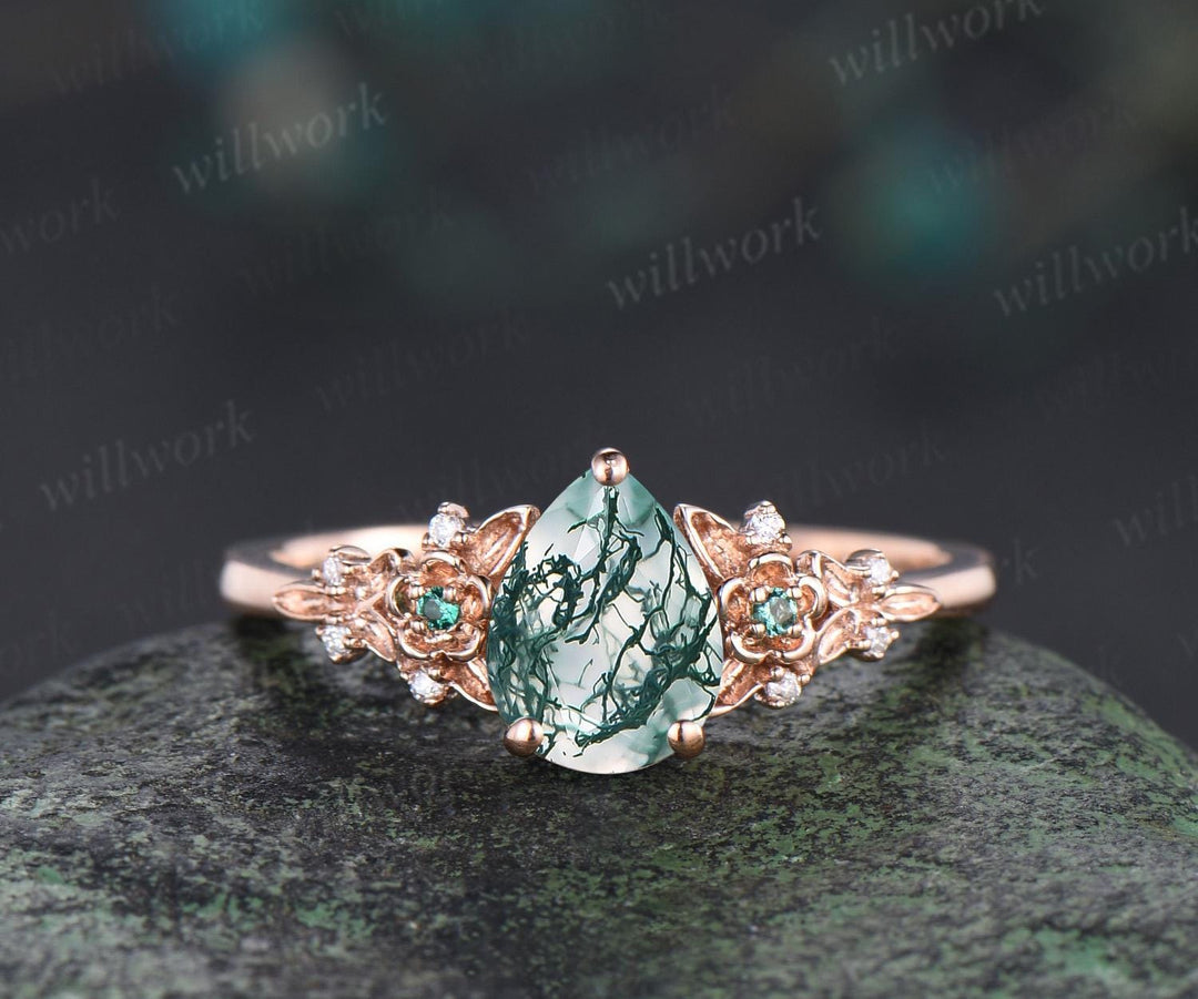 Vintage pear green moss agate engagement ring solid 14k rose gold leaf floral unique cluster emerald art deco wedding ring set women