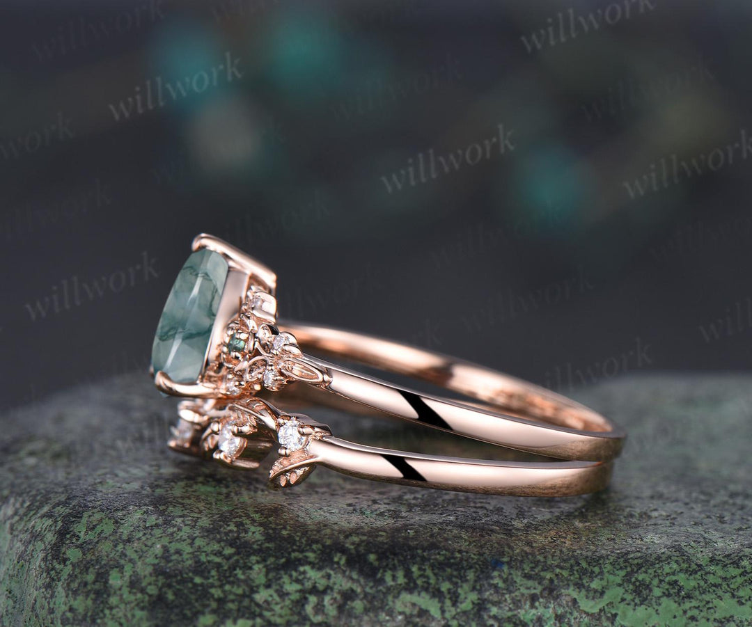 Vintage pear green moss agate engagement ring solid 14k rose gold leaf floral unique cluster emerald art deco wedding ring set women