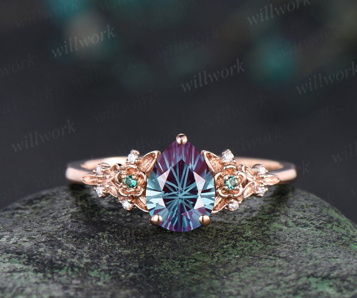 Vintage pear fireworks cut alexandrite engagement ring solid 14k rose gold leaf floral unique cluster emerald wedding ring set women