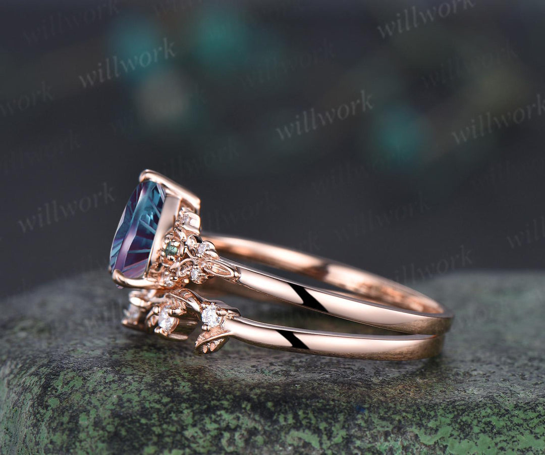 Vintage pear fireworks cut alexandrite engagement ring solid 14k rose gold leaf floral unique cluster emerald wedding ring set women