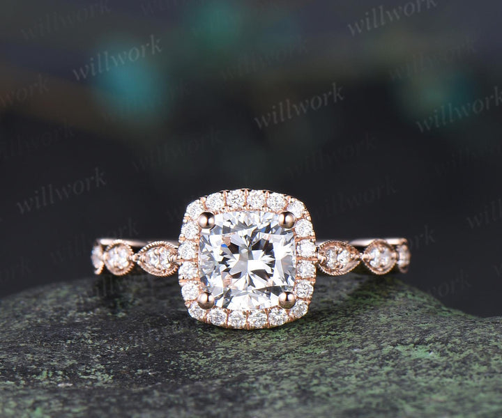 Cushion cut lab grown diamond engagement ring vintage halo marquise half eternity milgrain moissanite wedding promise ring set women
