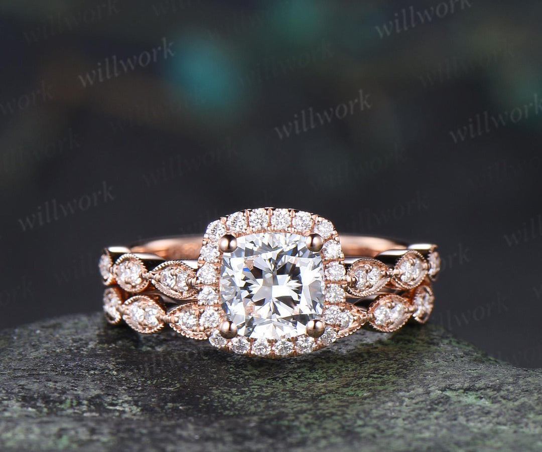 Cushion cut lab grown diamond engagement ring vintage halo marquise half eternity milgrain moissanite wedding promise ring set women