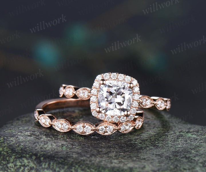 Cushion cut lab grown diamond engagement ring vintage halo marquise half eternity milgrain moissanite wedding promise ring set women