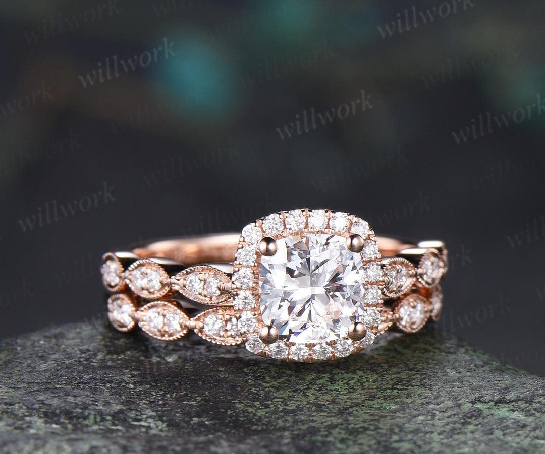 Cushion cut lab grown diamond engagement ring vintage halo marquise half eternity milgrain moissanite wedding promise ring set women