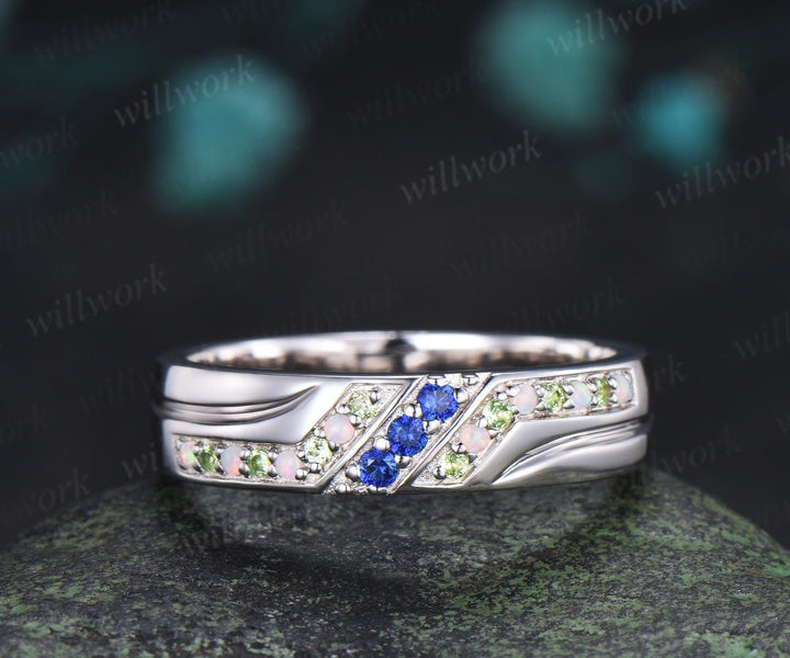 Unique mens sapphire wedding band 14k white gold opal peridot mens handsome man rings matching band gift
