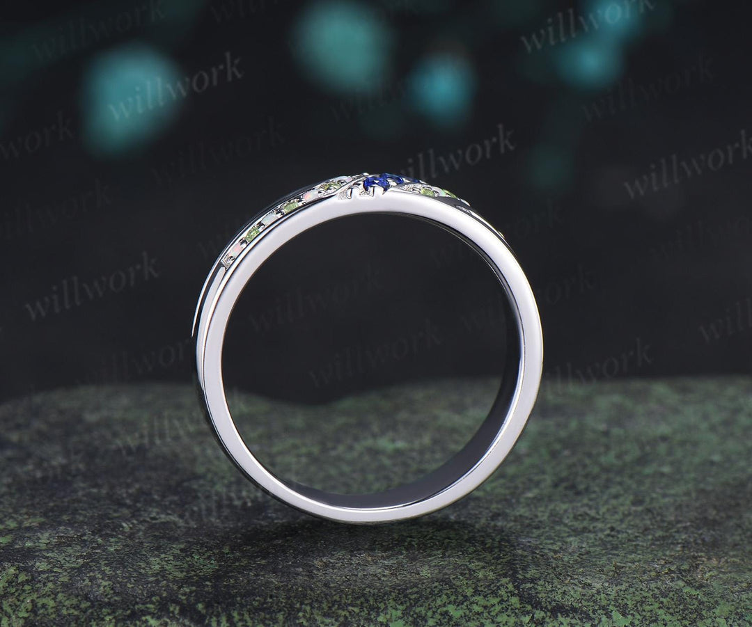 Unique mens sapphire wedding band 14k white gold opal peridot mens handsome man rings matching band gift