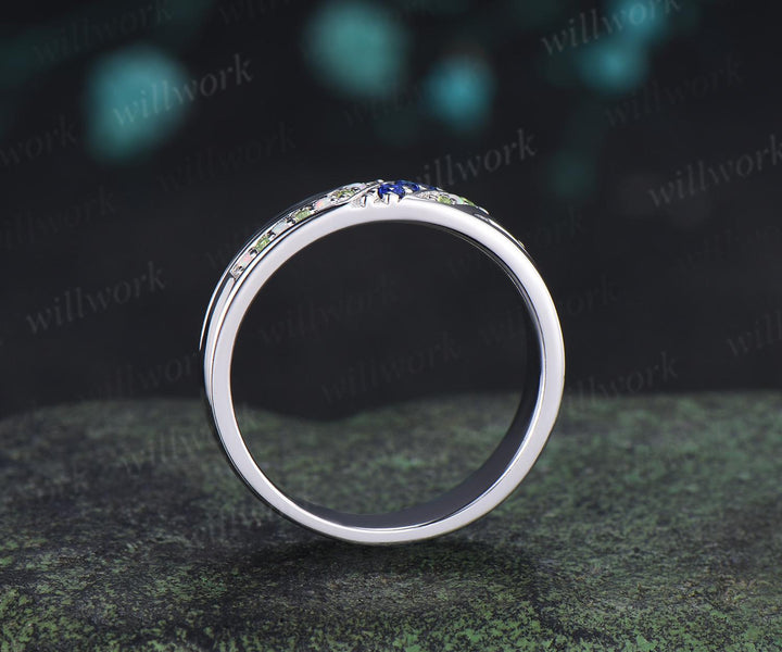 Unique mens sapphire wedding band 14k white gold black spinel mens handsome man rings matching band gift