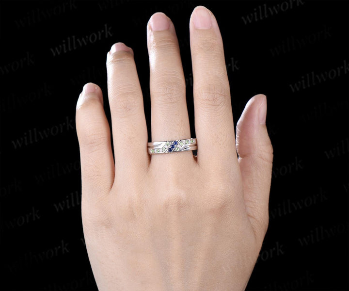 Unique mens sapphire wedding band 14k white gold opal peridot mens handsome man rings matching band gift