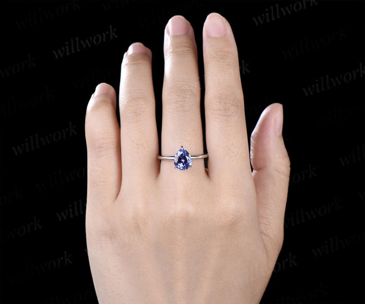Pear cut natural Tanzanite engagement ring solid 14k white gold hidden halo diamond vintage wedding promise ring women jewelry