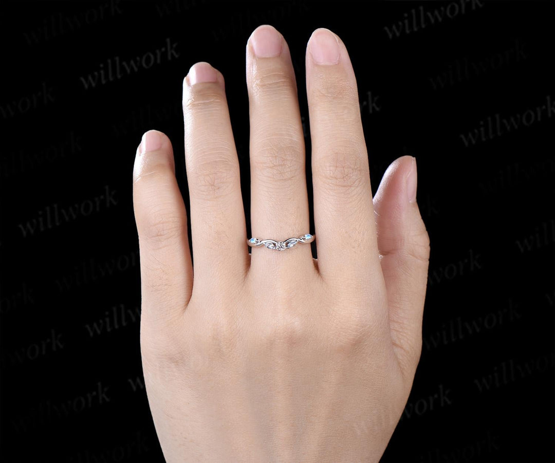 Curved Aquamarine moonstone wedding band floral women solid 14k white gold matching stacking five stone anniversary gift
