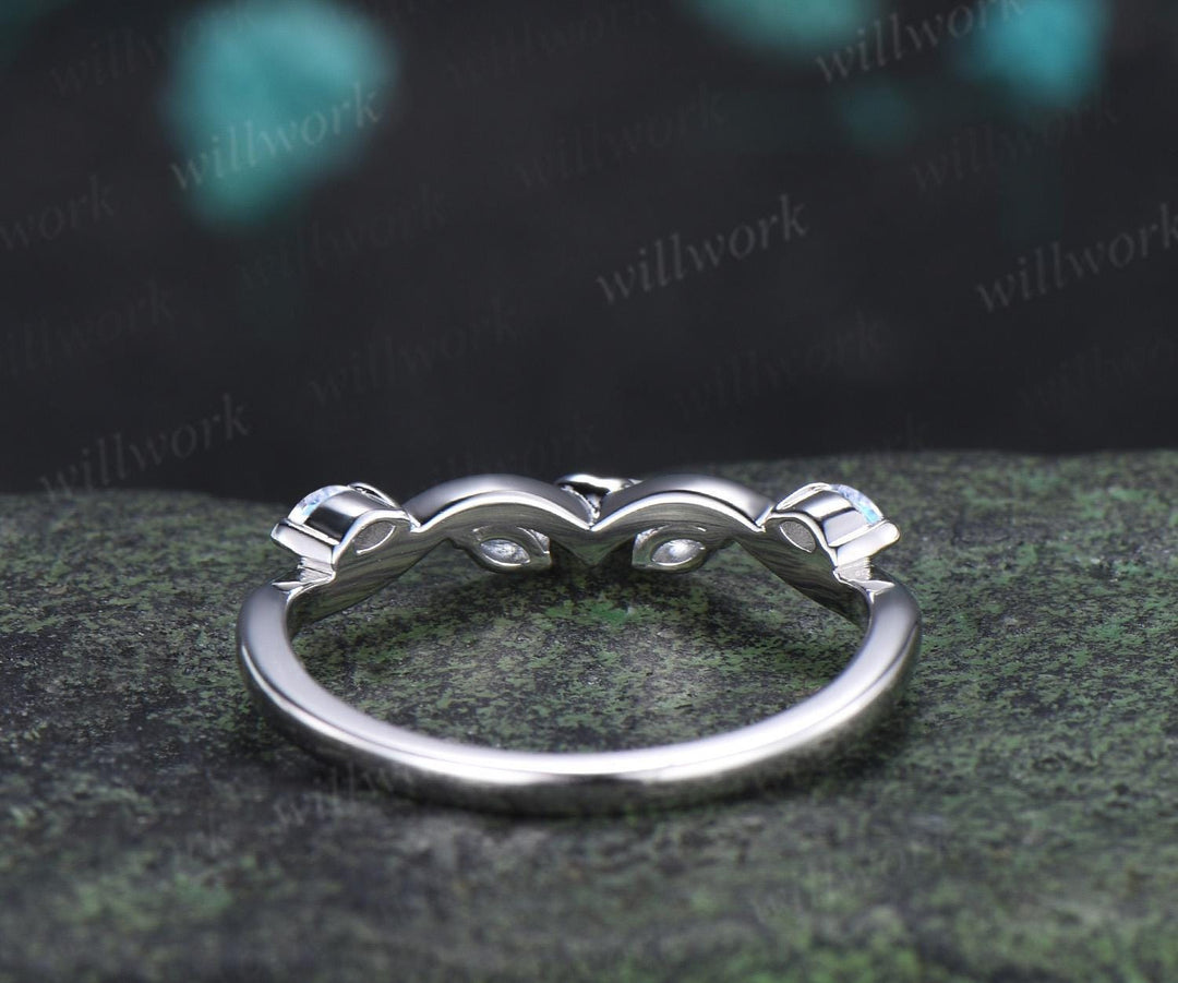 Curved Aquamarine moonstone wedding band floral women solid 14k white gold matching stacking five stone anniversary gift