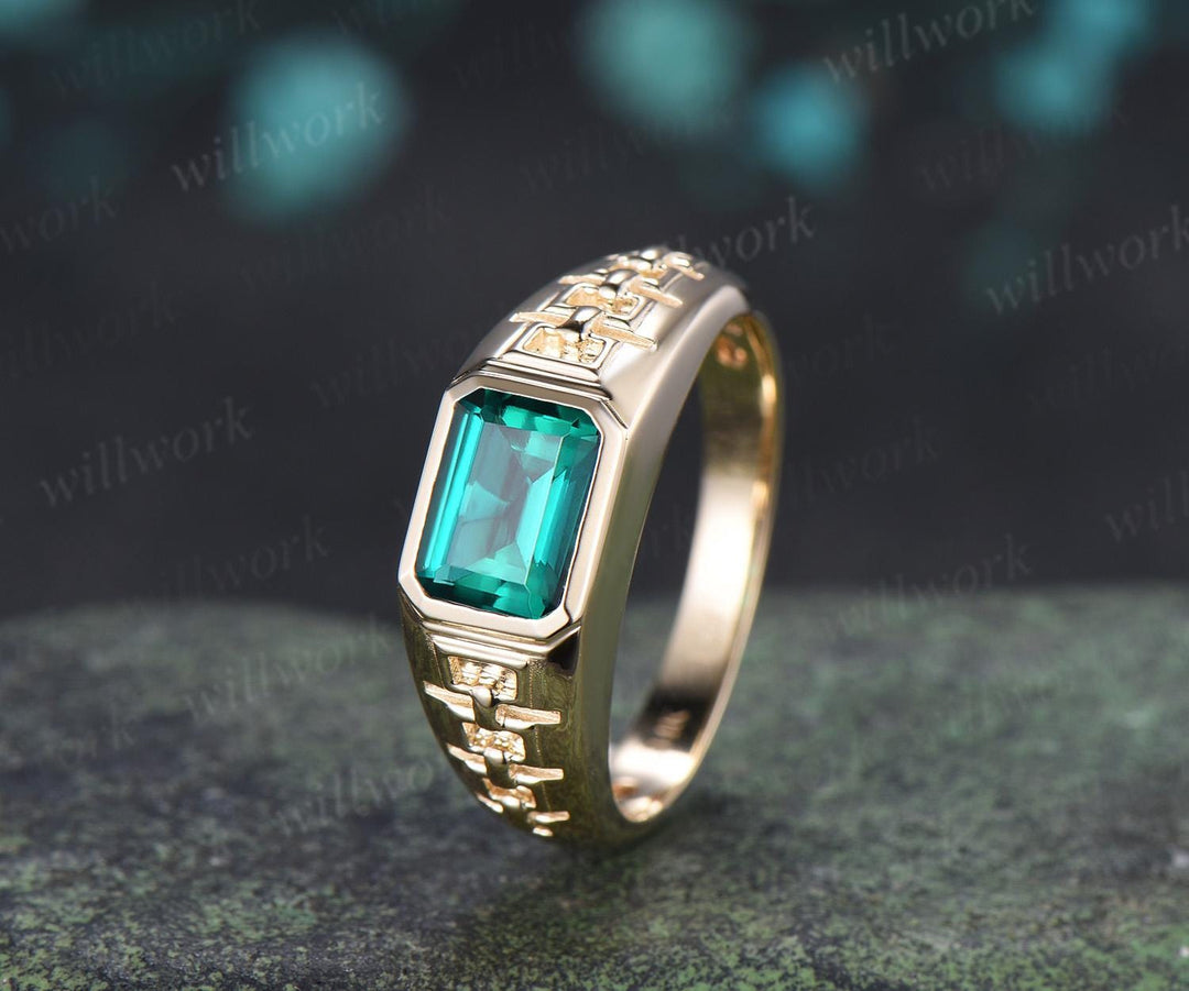 Bezel emerald cut emerald engagement ring mens vintage east to west solitaire solid 14k yellow gold wedding band men jewelry