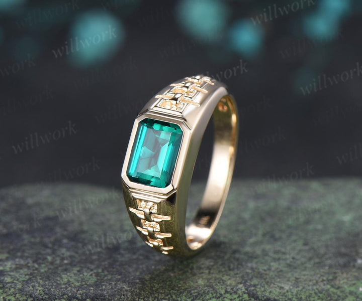 Bezel emerald cut emerald engagement ring mens vintage east to west solitaire solid 14k yellow gold wedding band men jewelry