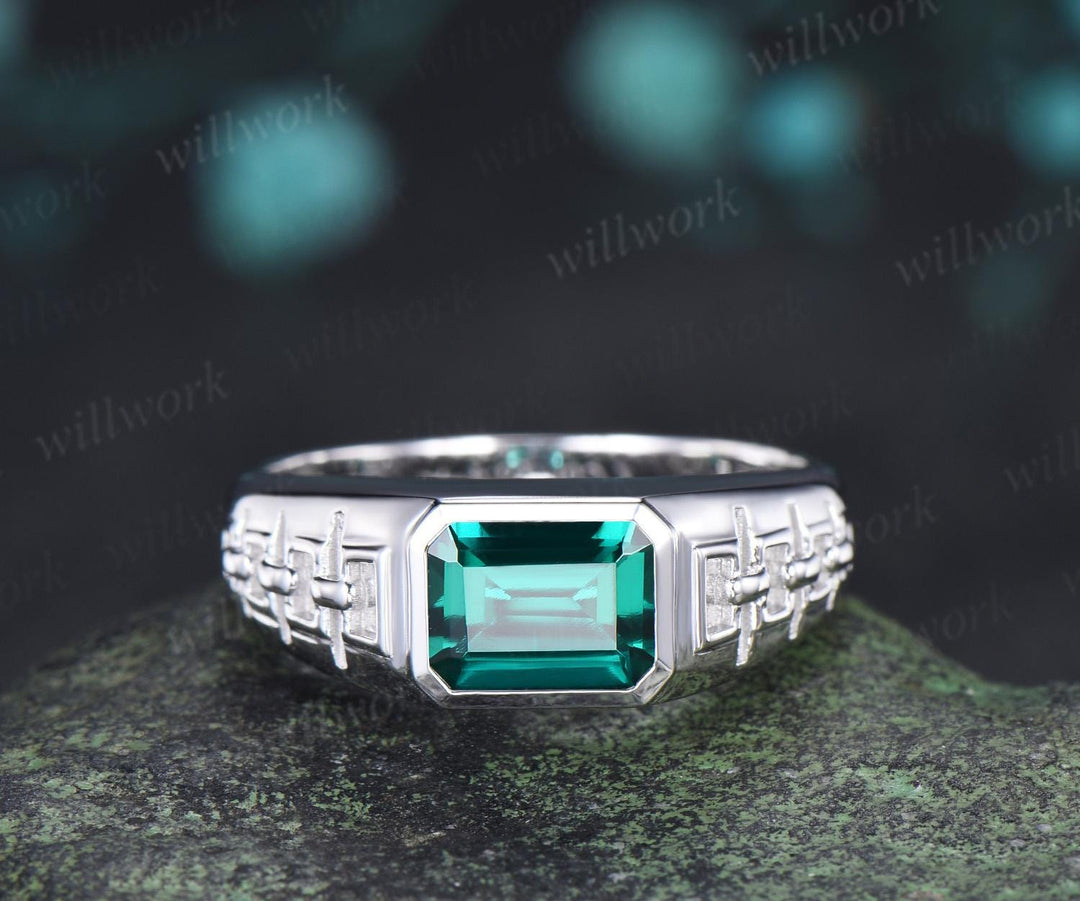 Bezel emerald cut emerald engagement ring mens vintage east to west solitaire solid 14k yellow gold wedding band men jewelry