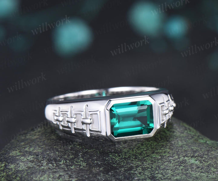 Bezel emerald cut emerald engagement ring mens vintage east to west solitaire solid 14k yellow gold wedding band men jewelry