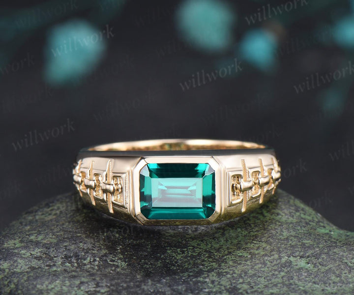 Bezel emerald cut emerald engagement ring mens vintage east to west solitaire solid 14k yellow gold wedding band men jewelry