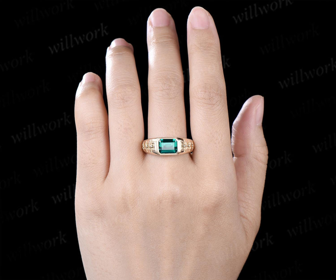 Bezel emerald cut emerald engagement ring mens vintage east to west solitaire solid 14k yellow gold wedding band men jewelry