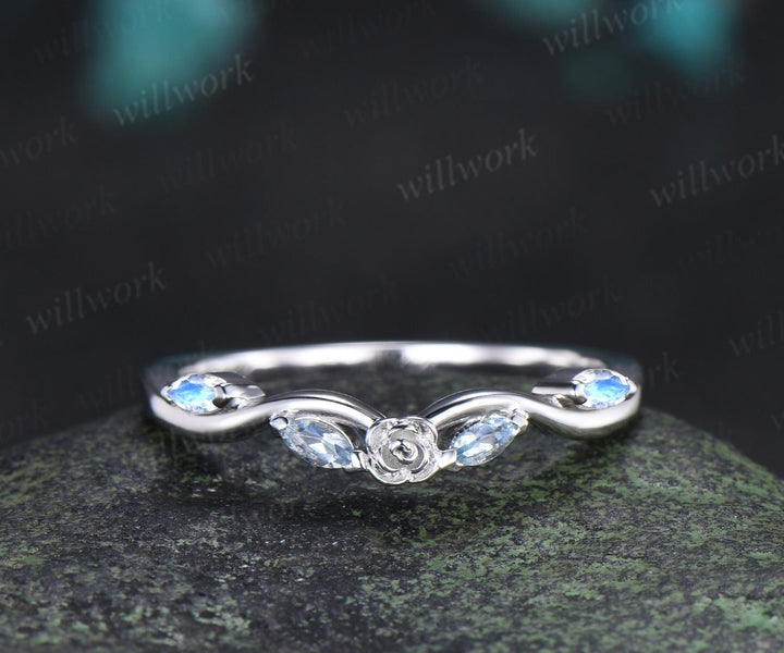 Curved Aquamarine moonstone wedding band floral women solid 14k white gold matching stacking five stone anniversary gift