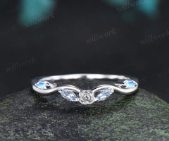 Curved Aquamarine moonstone wedding band floral women solid 14k white gold matching stacking five stone anniversary gift