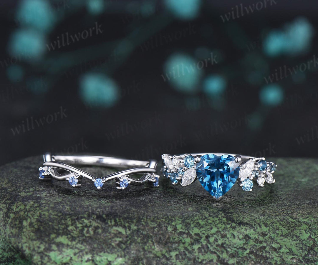 Heart shaped London blue topaz engagement ring set cluster Swiss blue topaz natural cornflower Sapphire ring white gold promise ring jewelry