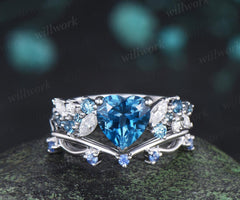 Heart shaped London blue topaz engagement ring set cluster Swiss blue topaz natural cornflower Sapphire ring white gold promise ring jewelry