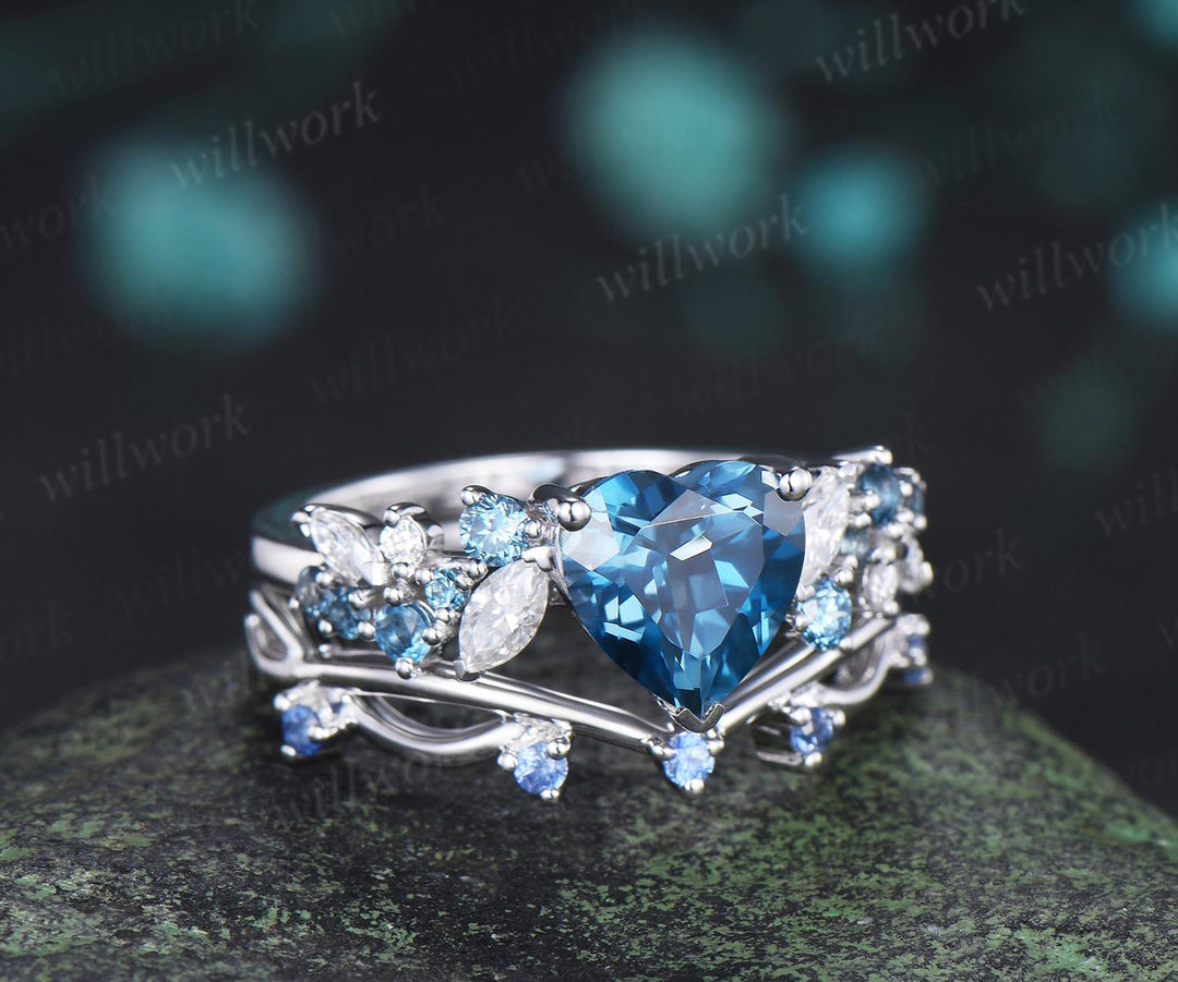 Heart shaped London blue topaz engagement ring set cluster Swiss blue topaz natural cornflower Sapphire ring white gold promise ring jewelry