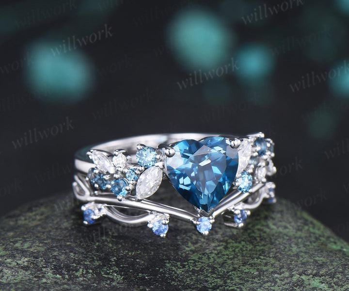 Heart shaped London blue topaz engagement ring set cluster Swiss blue topaz natural cornflower Sapphire ring white gold promise ring jewelry