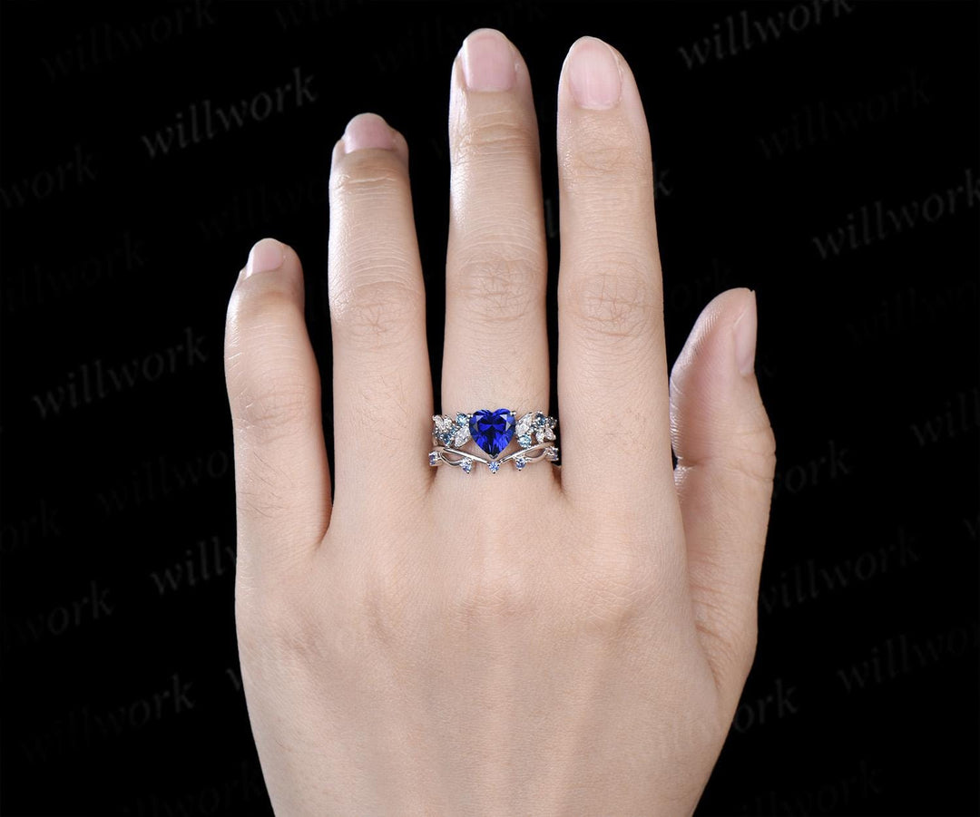 Heart shaped blue sapphire engagement ring set cluster Swiss blue topaz cornflower Sapphire ring white gold wedding promise ring women