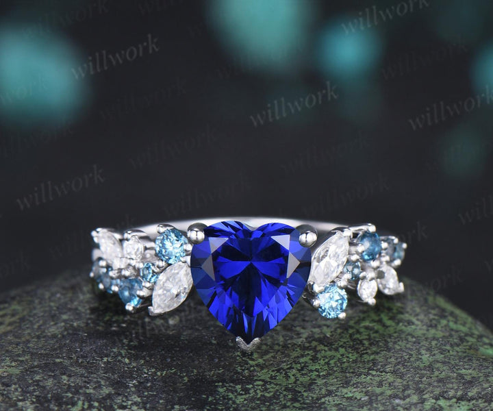 Heart shaped blue sapphire engagement ring set cluster Swiss blue topaz cornflower Sapphire ring white gold wedding promise ring women