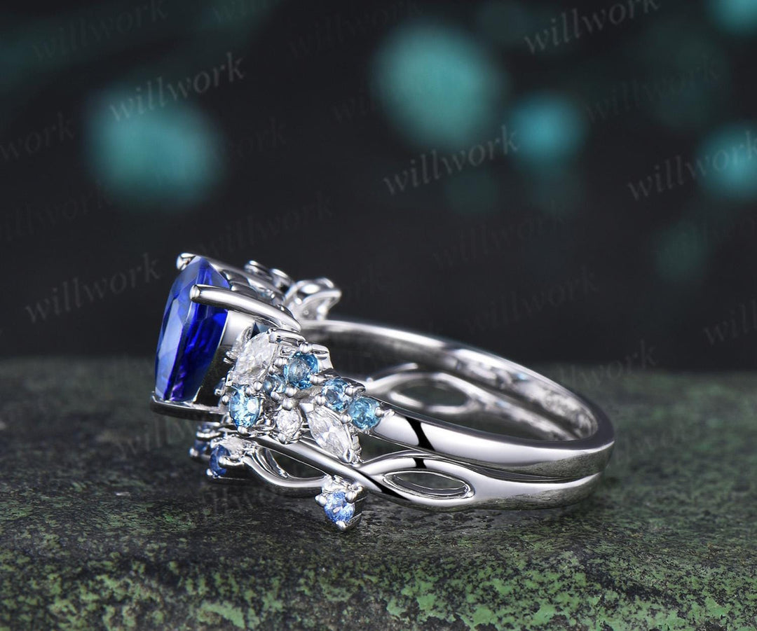Heart shaped blue sapphire engagement ring set cluster Swiss blue topaz cornflower Sapphire ring white gold wedding promise ring women