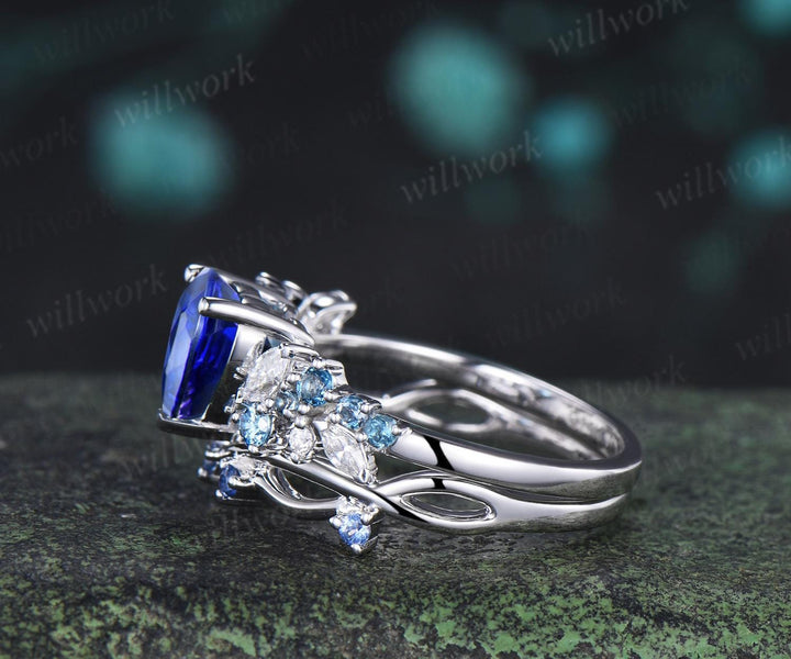 Heart shaped blue sapphire engagement ring set cluster Swiss blue topaz cornflower Sapphire ring white gold wedding promise ring women