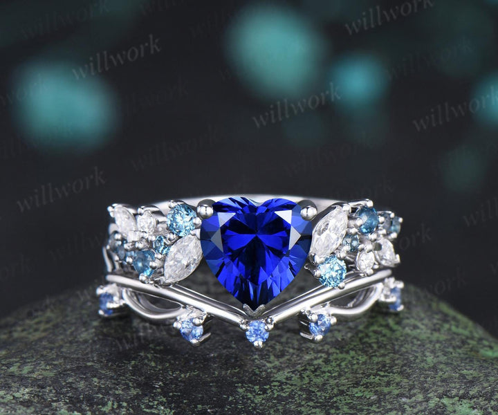 Heart shaped blue sapphire engagement ring set cluster Swiss blue topaz cornflower Sapphire ring white gold wedding promise ring women