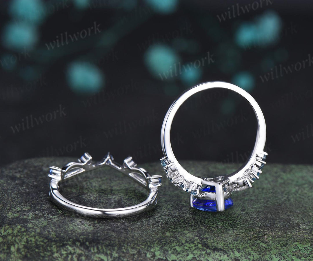 Heart shaped blue sapphire engagement ring set cluster Swiss blue topaz cornflower Sapphire ring white gold wedding promise ring women