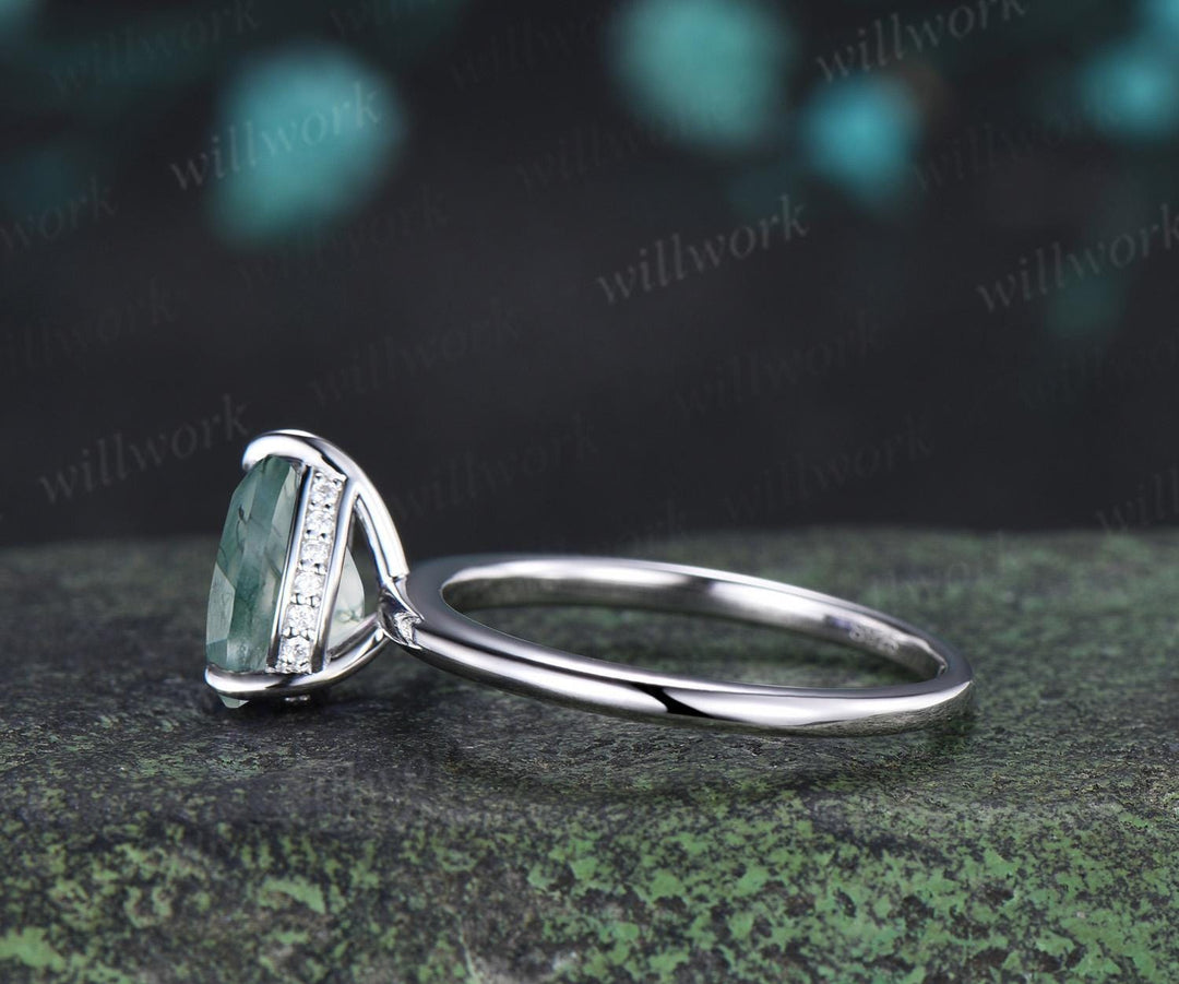 Pear cut moss agate engagement ring white gold hidden halo diamond ring claw prong dainty promise wedding ring women gift