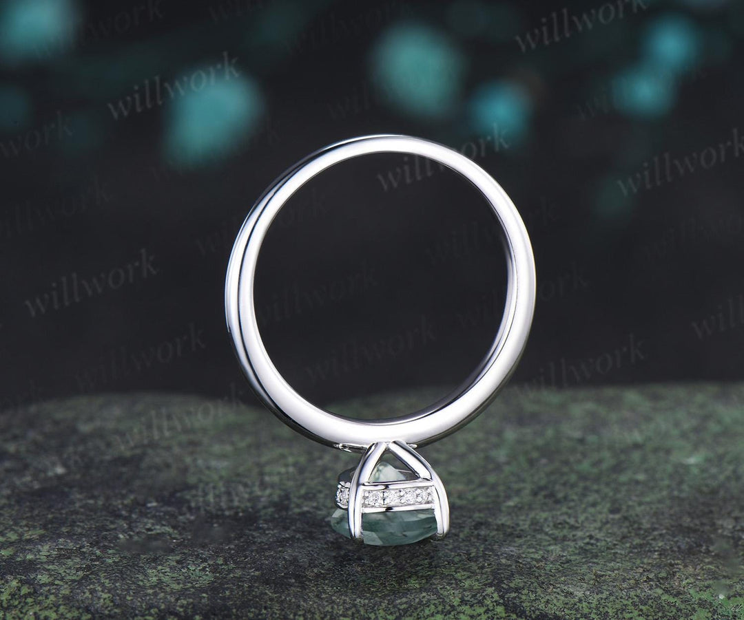 Pear cut moss agate engagement ring white gold hidden halo diamond ring claw prong dainty promise wedding ring women gift