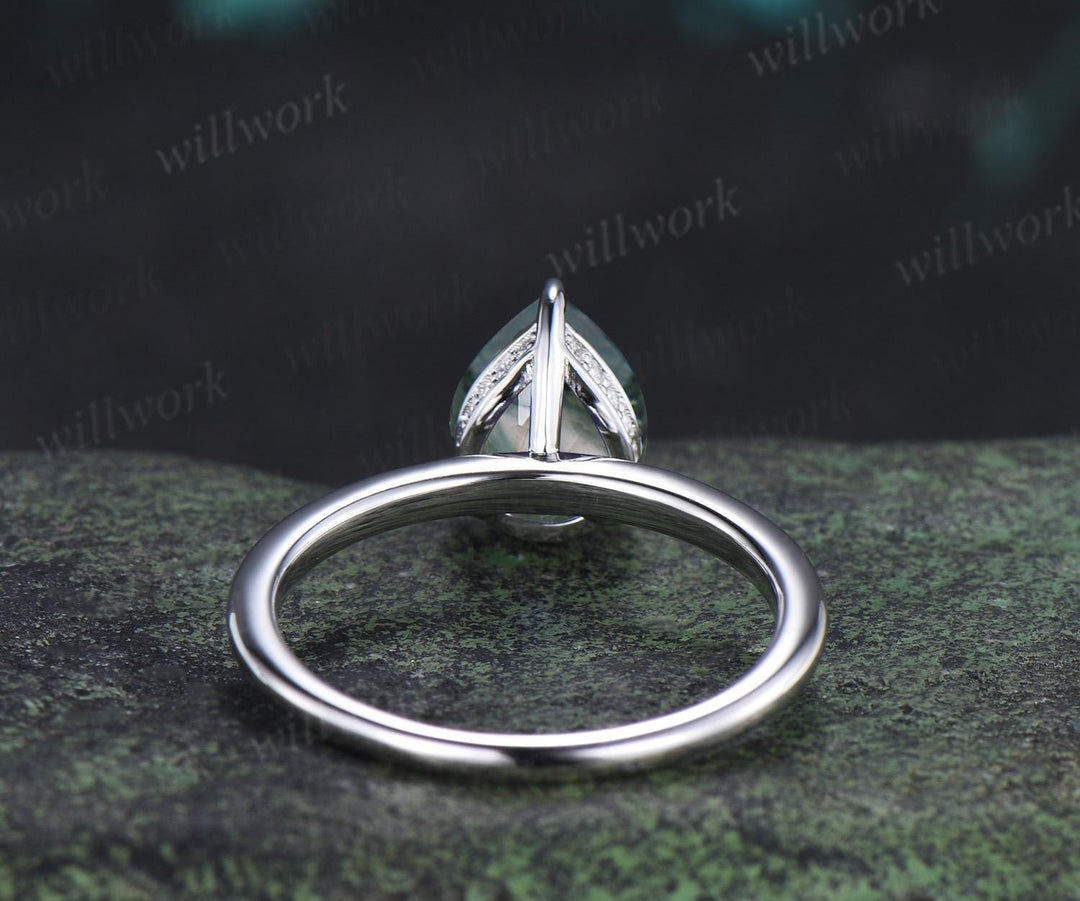 Pear cut moss agate engagement ring white gold hidden halo diamond ring claw prong dainty promise wedding ring women gift