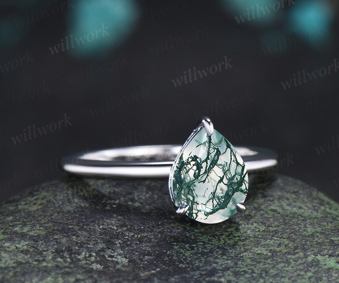 Pear cut moss agate engagement ring white gold hidden halo diamond ring claw prong dainty promise wedding ring women gift