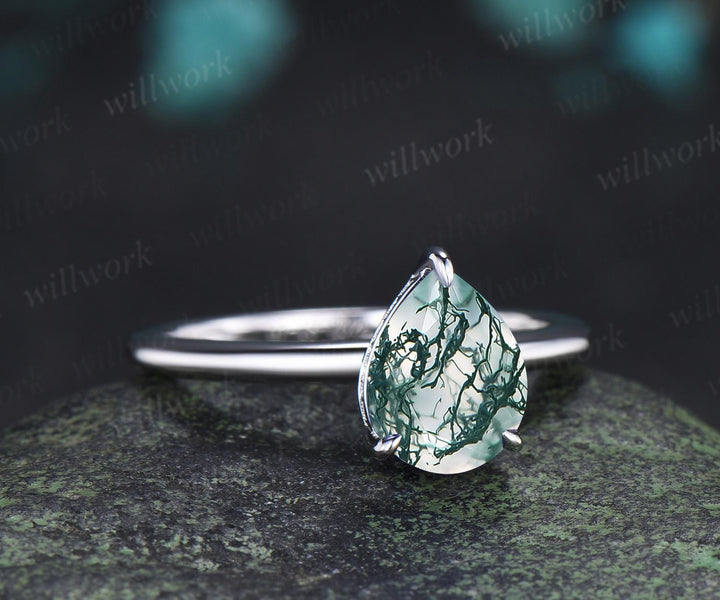 Pear cut moss agate engagement ring white gold hidden halo diamond ring claw prong dainty promise wedding ring women gift