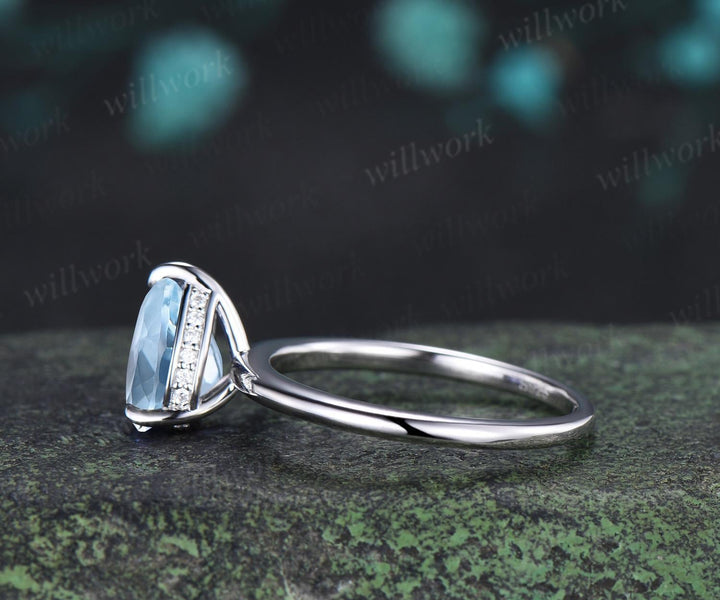 Pear cut aquamarine engagement ring white gold hidden halo diamond ring claw prong dainty promise wedding ring women gift