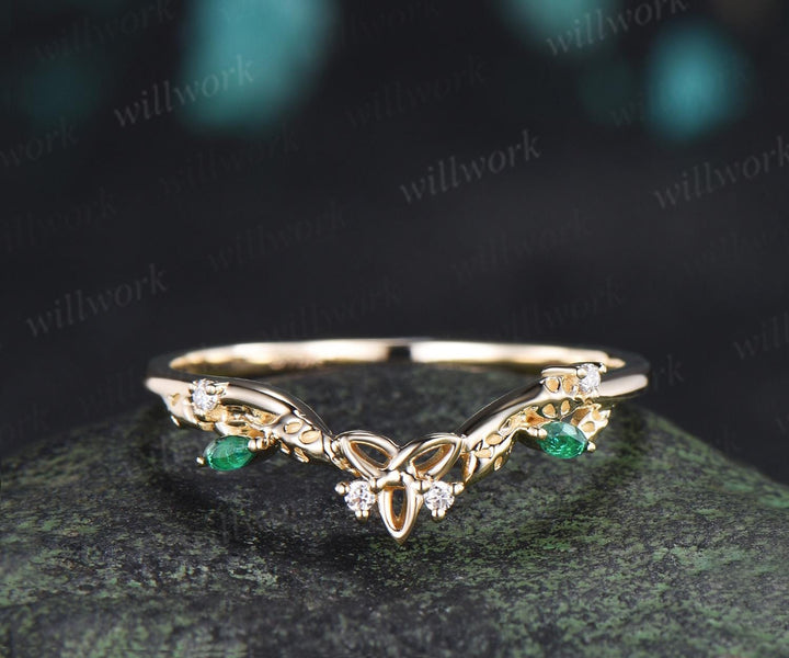 Celtic knot leaf diamond emerald wedding band solid 14k yellow gold stacking matching bridal anniversary ring gift Norse Viking Jewelry