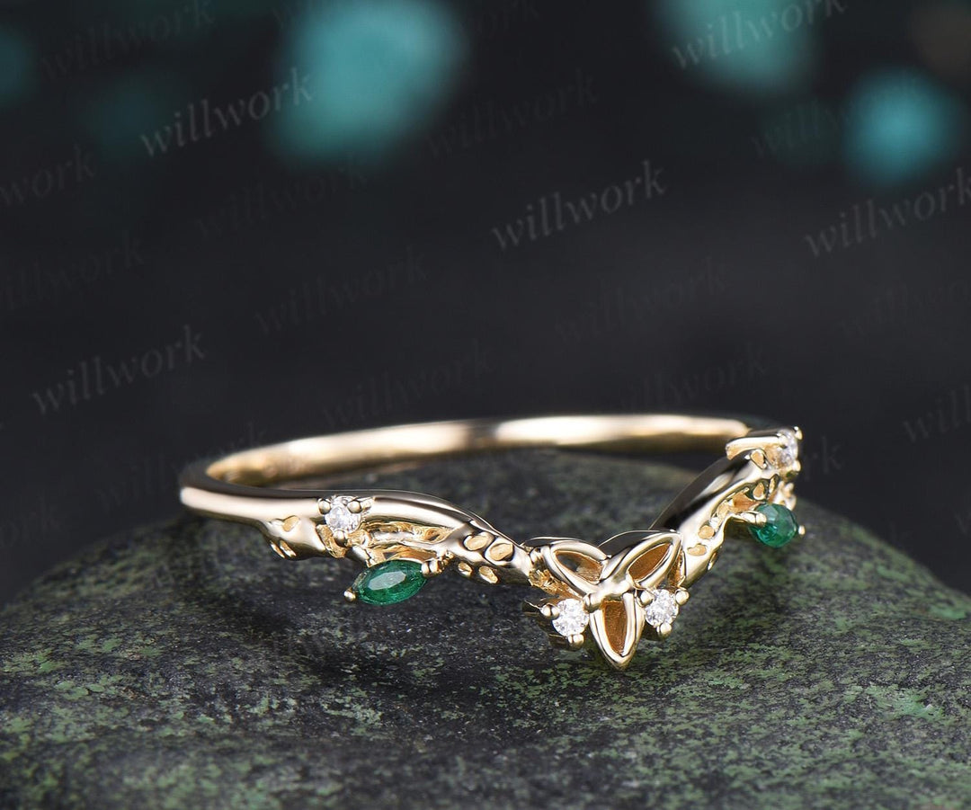 Celtic knot leaf diamond emerald wedding band solid 14k yellow gold stacking matching bridal anniversary ring gift Norse Viking Jewelry