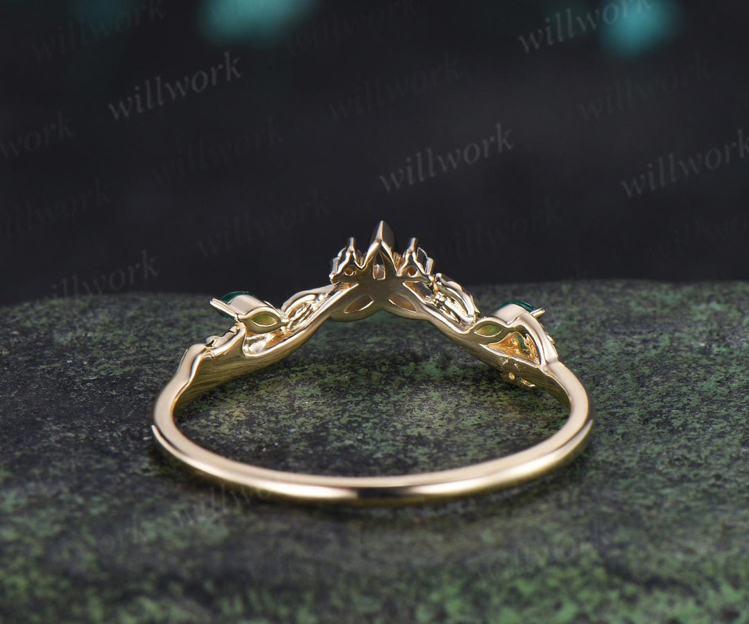 Celtic knot leaf diamond emerald wedding band solid 14k yellow gold stacking matching bridal anniversary ring gift Norse Viking Jewelry